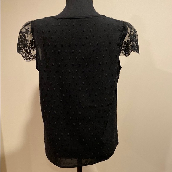 Top V-Neck Cap Sheer Lace Sleeve Lace Trim Pearlized Button Elegant Black Size 6 - Picture 4 of 7